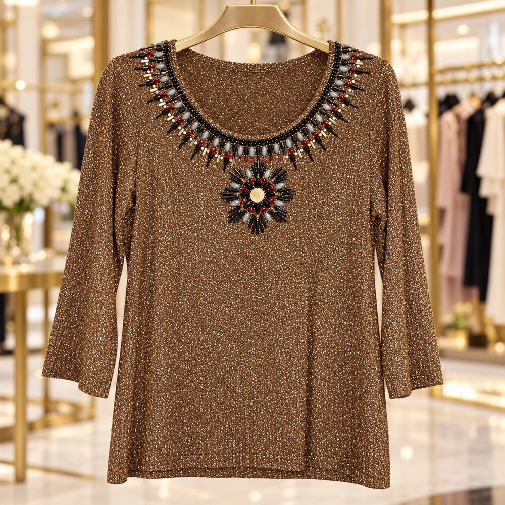 St. John Sweater Womens Sm Brown Metallic Beaded Wool Silk Cashmere 3/4 Sleeve